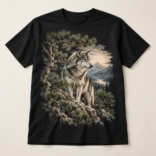 Whispering Pines Wolf Graphic T-Shirt — main — AI design mockup