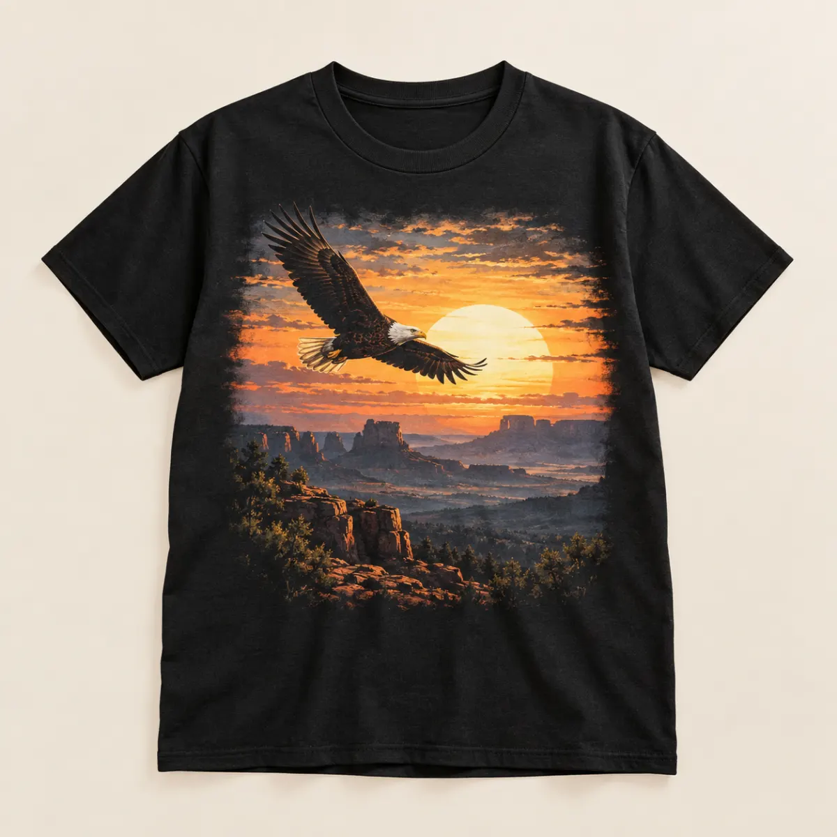 Sunrise Eagle Horizon Graphic T-Shirt — main — AI design mockup