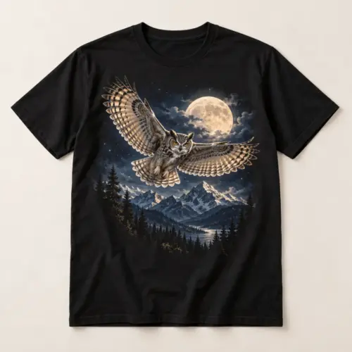 Mountain Guardian Owl Graphic T-Shirt — main — AI design mockup