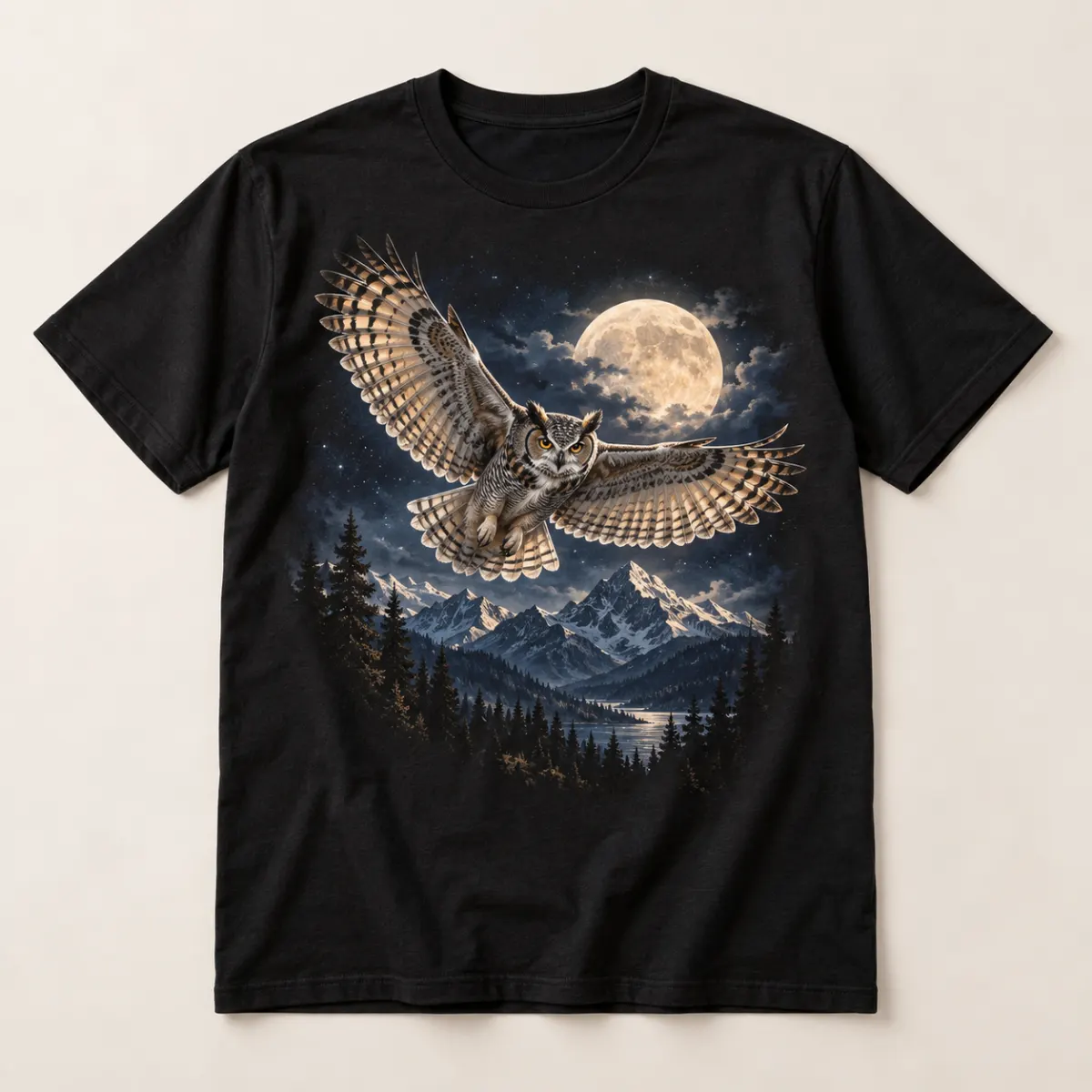 Mountain Guardian Owl Graphic T-Shirt — main — AI design mockup