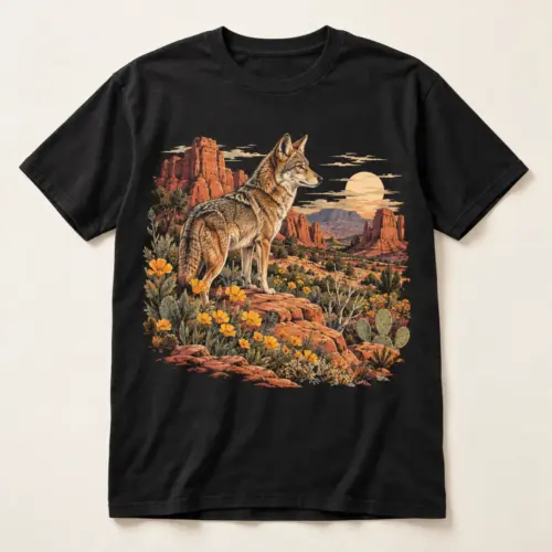 Desert Bloom Coyote Graphic T-Shirt — main — AI design mockup