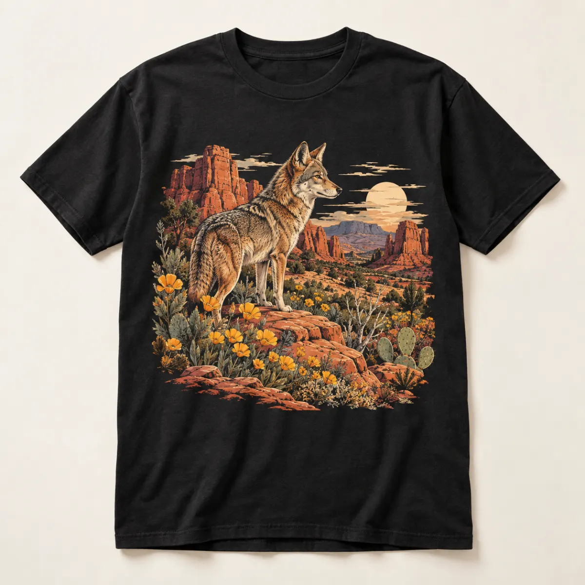 Desert Bloom Coyote Graphic T-Shirt — main — AI design mockup