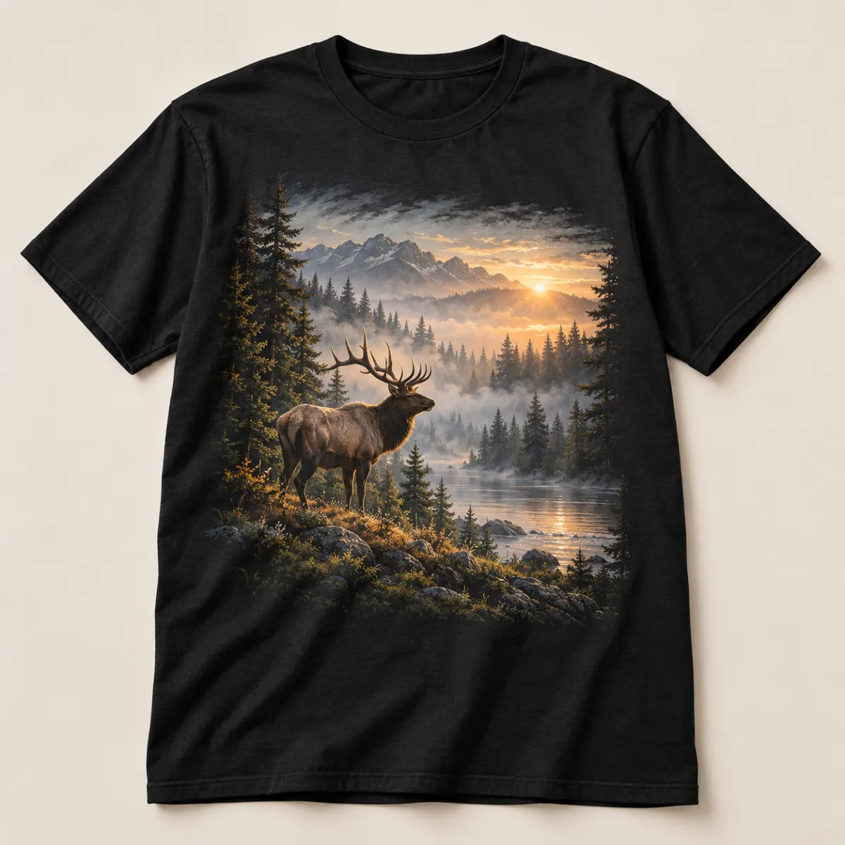 Forest Dawn Elk Graphic T-Shirt — main — AI design mockup
