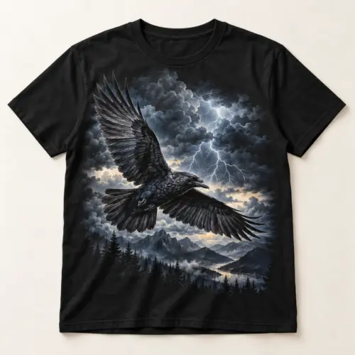 Thunder Sky Raven Graphic T-Shirt — main — AI design mockup