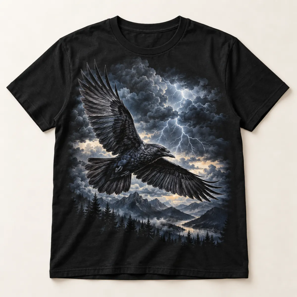Thunder Sky Raven Graphic T-Shirt — main — AI design mockup
