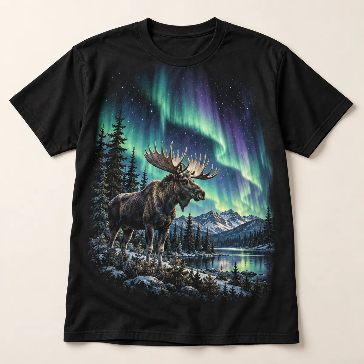 Northern Lights Moose Graphic T-Shirt — main — AI design mockup