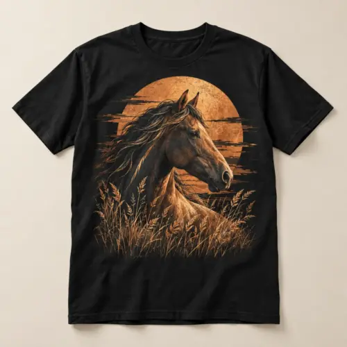 Copper Sun Horse Graphic T-Shirt — main — AI design mockup