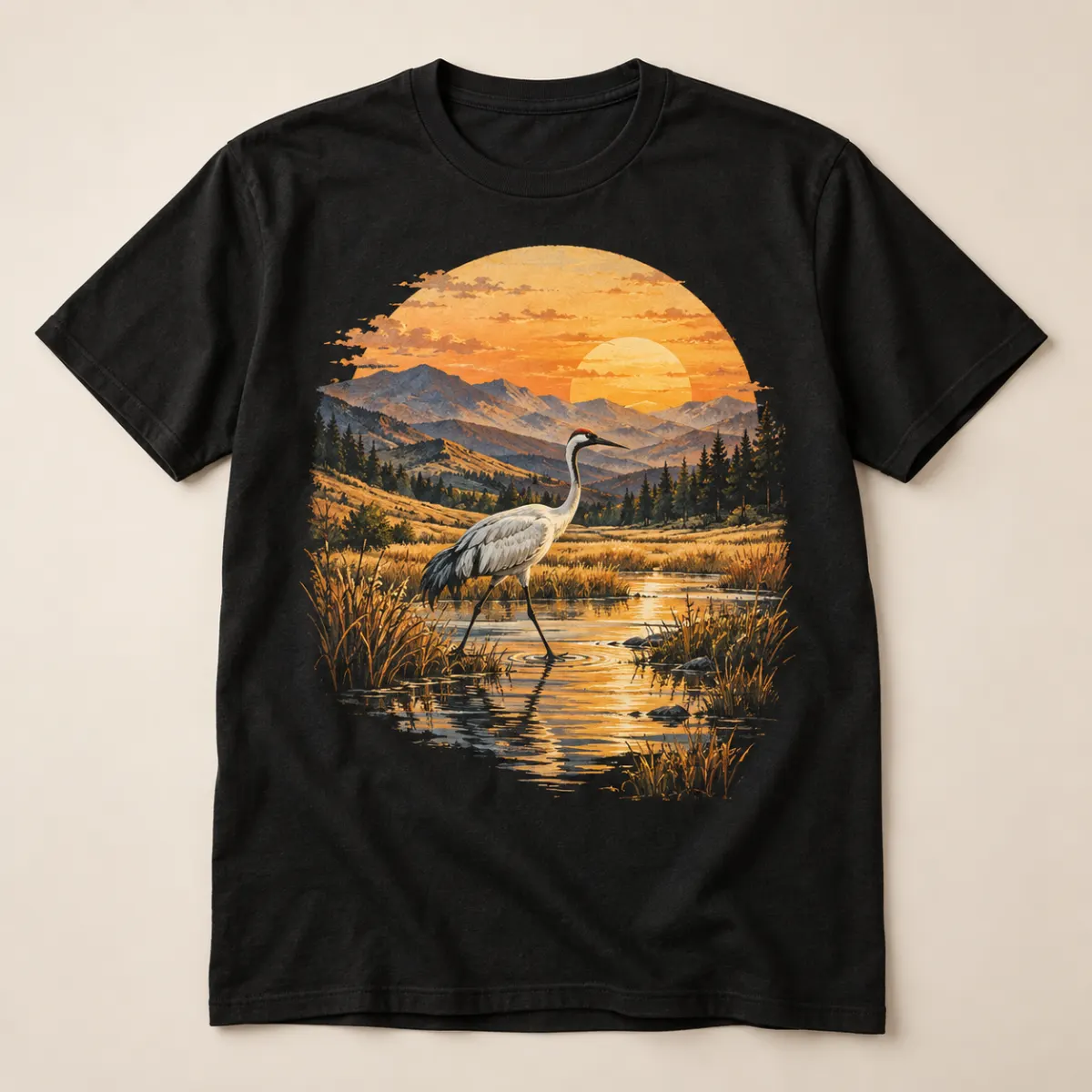 Golden Valley Crane Graphic T-Shirt — main — AI design mockup