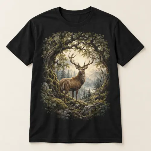 Ancient Grove Stag Graphic T-Shirt — main — AI design mockup