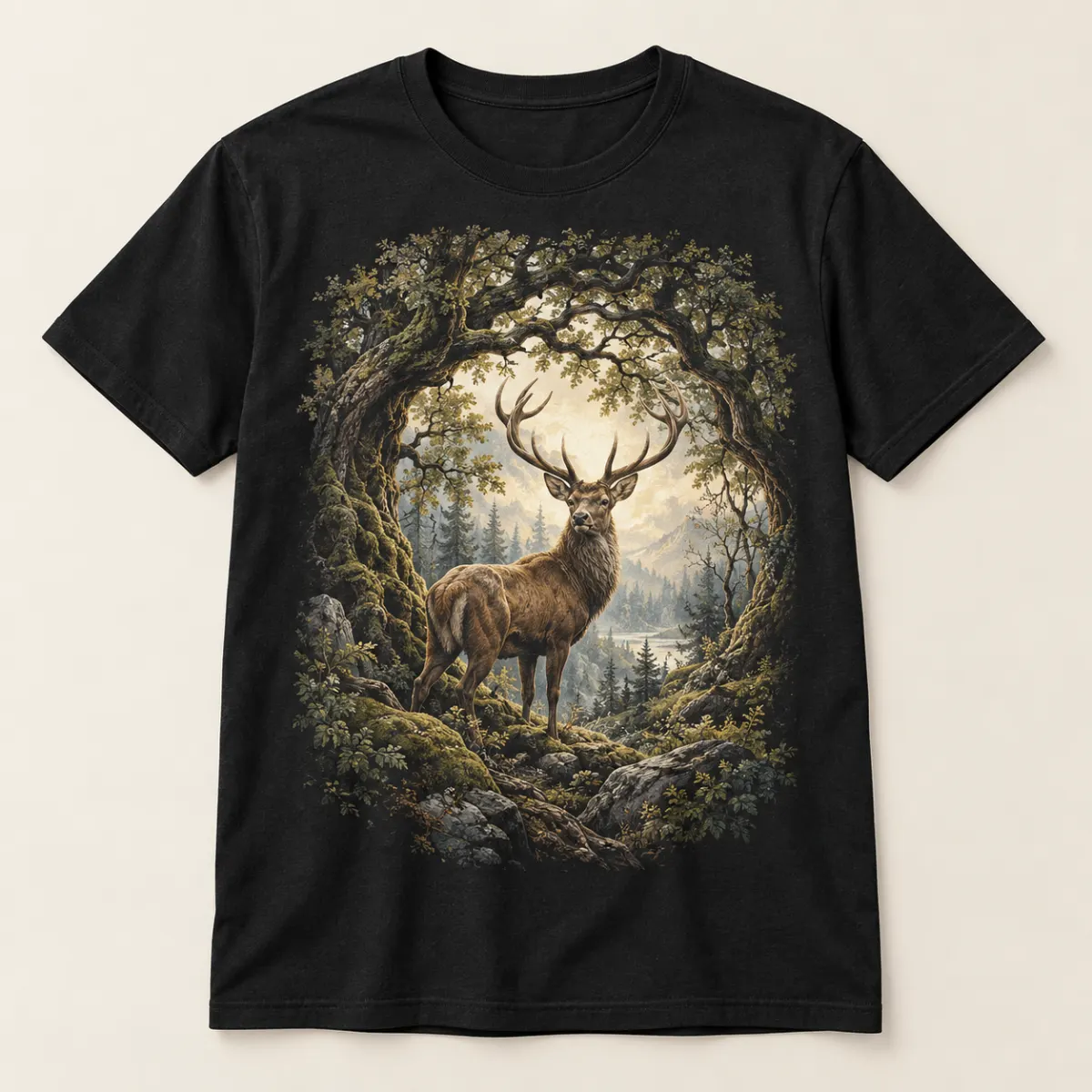 Ancient Grove Stag Graphic T-Shirt — main — AI design mockup