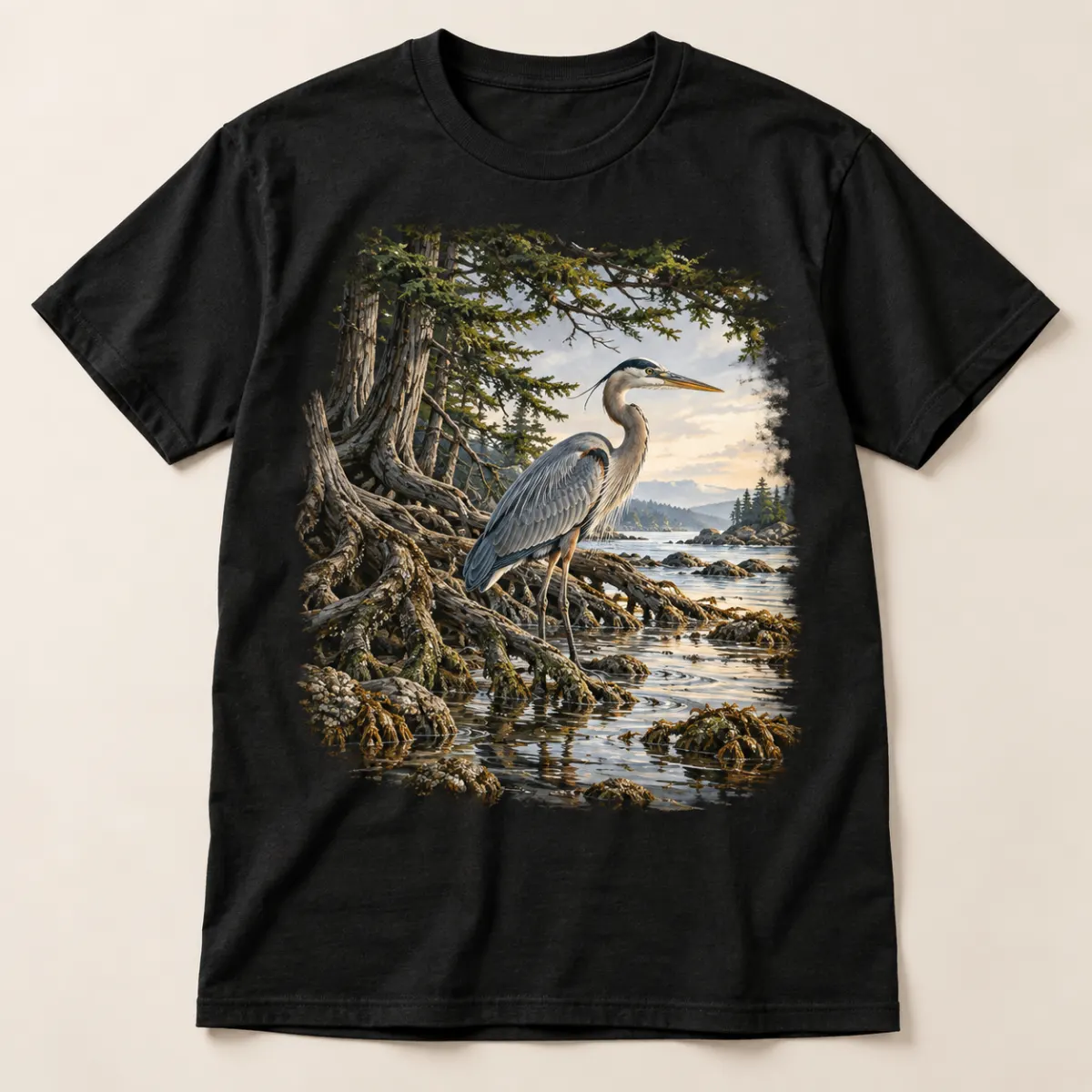 Coastal Cedar Heron Graphic T-Shirt — main — AI design mockup