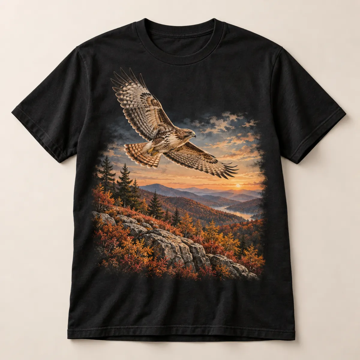 Autumn Ridge Hawk Graphic T-Shirt — main — AI design mockup
