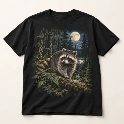 Deep Woods Raccoon Graphic T-Shirt — main — AI design mockup