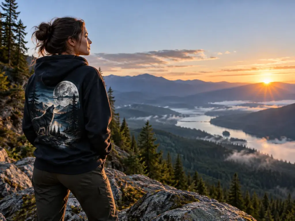 Adult in a nature-art hoodie at a mountain overlook at dawn; AI-generated illustrative image